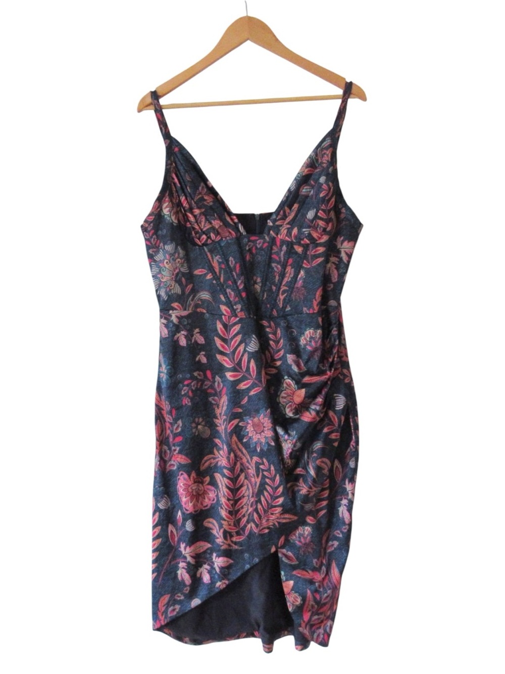 Averie Halley Draped Midi Dress XXL Floral Sleeveless Boning High Slit FLAW